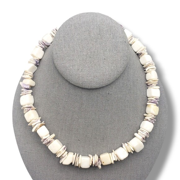 Vintage Shell Cube Chip Collar Chunky Necklace MOP Natural Boho Beach 18" - Picture 2 of 8